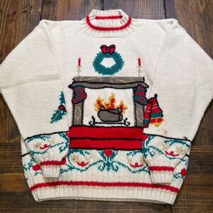 Vintage Allen Solly Wool Ugly Christmas Sweater Fireplace Graphic Cream Large